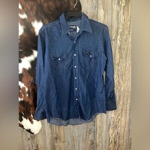 Vintage wrangler classic blue jean pearl snap cowboy cut 16.5/34 western shirt